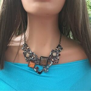 Metallic Gunmetal Geometric Necklace with Citrine Jasper Topaz